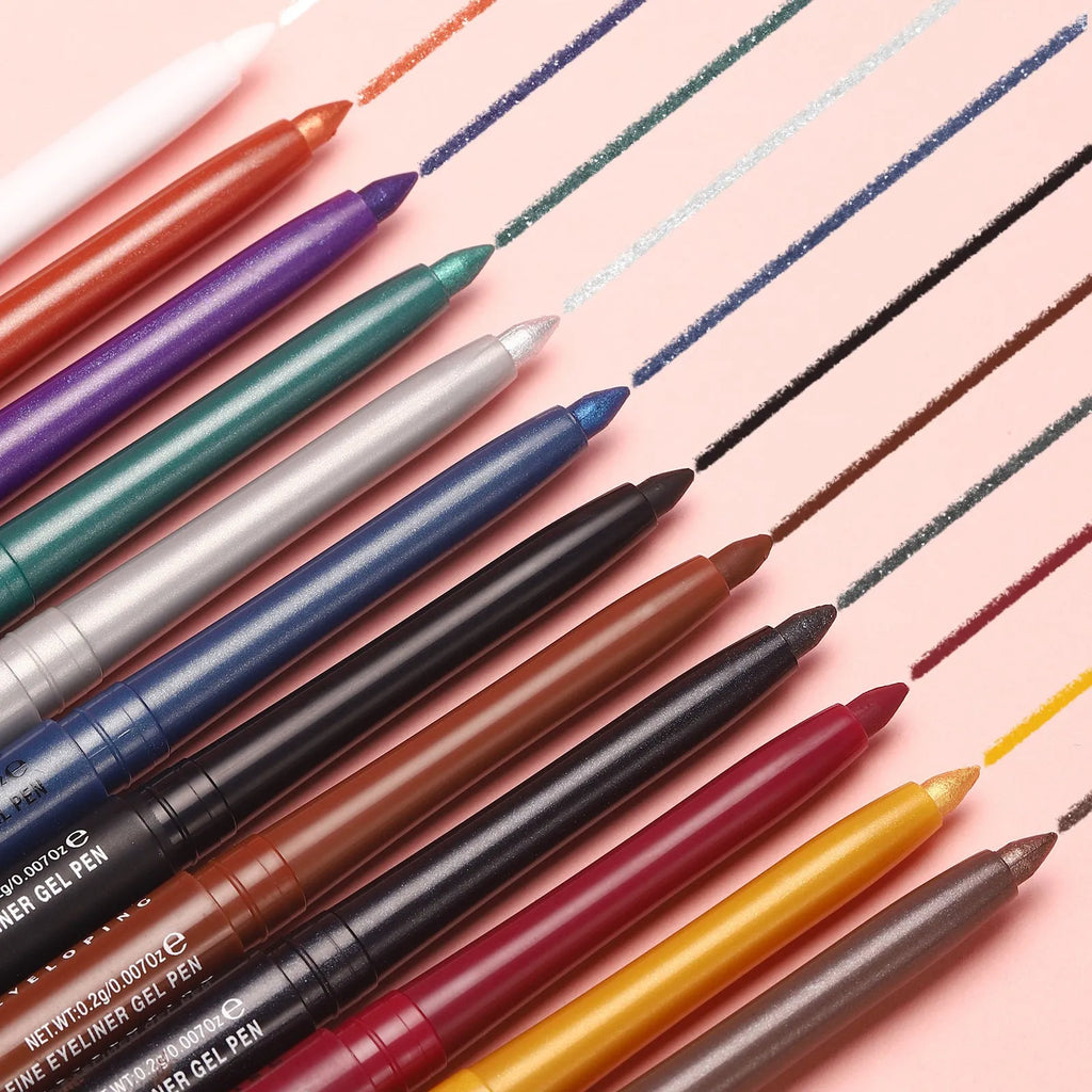 12 colourful eyeliner pencils with matte, glitter, metallic, and pearl finishes in waterproof formula