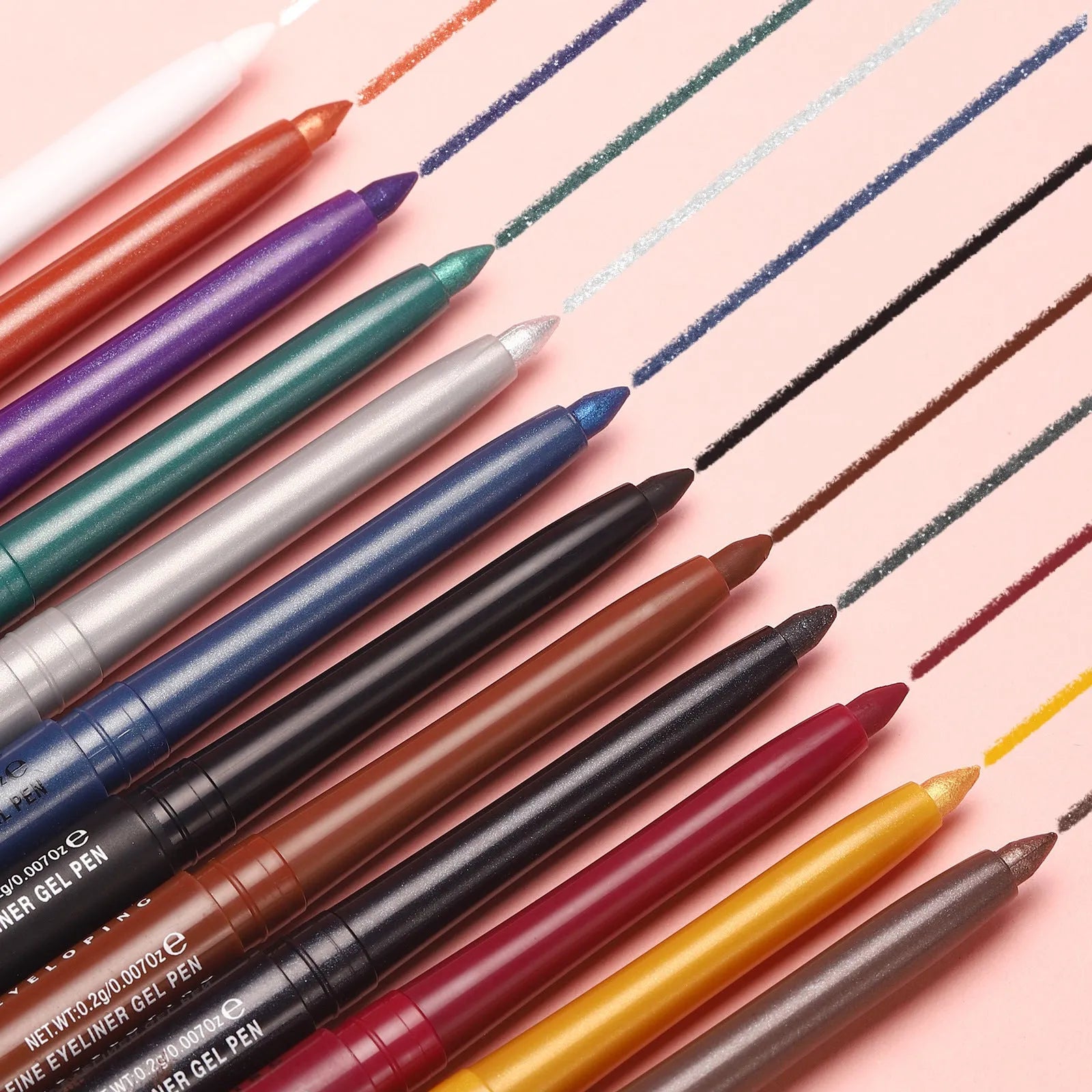 12 colourful eyeliner pencils with matte, glitter, metallic, and pearl finishes in waterproof formula