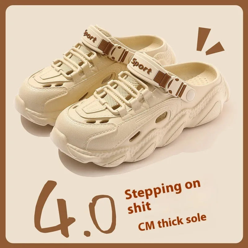 Men's khaki outdoor summer slippers with hollow-out design and lightweight EVA sole.