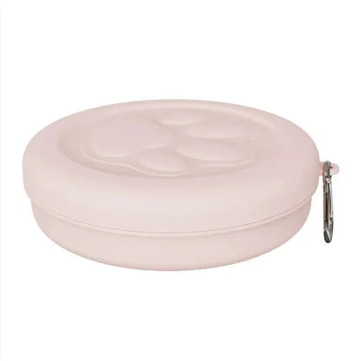 Portable dog food and water bowl shown in light pink and green, available in two-colour or single-colour design and S or L sizes.