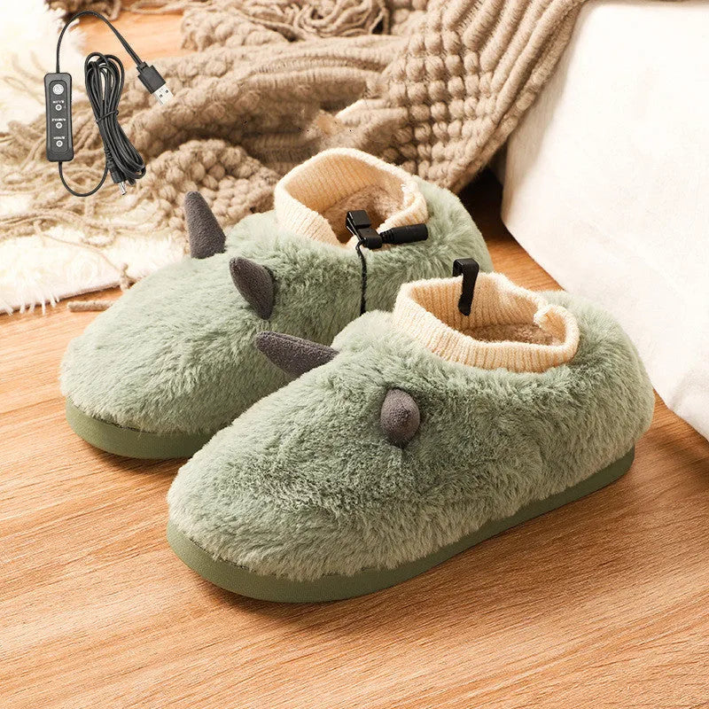 USB electric heating slippers in velvet, showing USB cable connection and adjustable temperature control.
