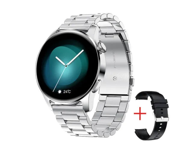 Round screen smartwatch with silicone strap showing heart rate and call functions on display.