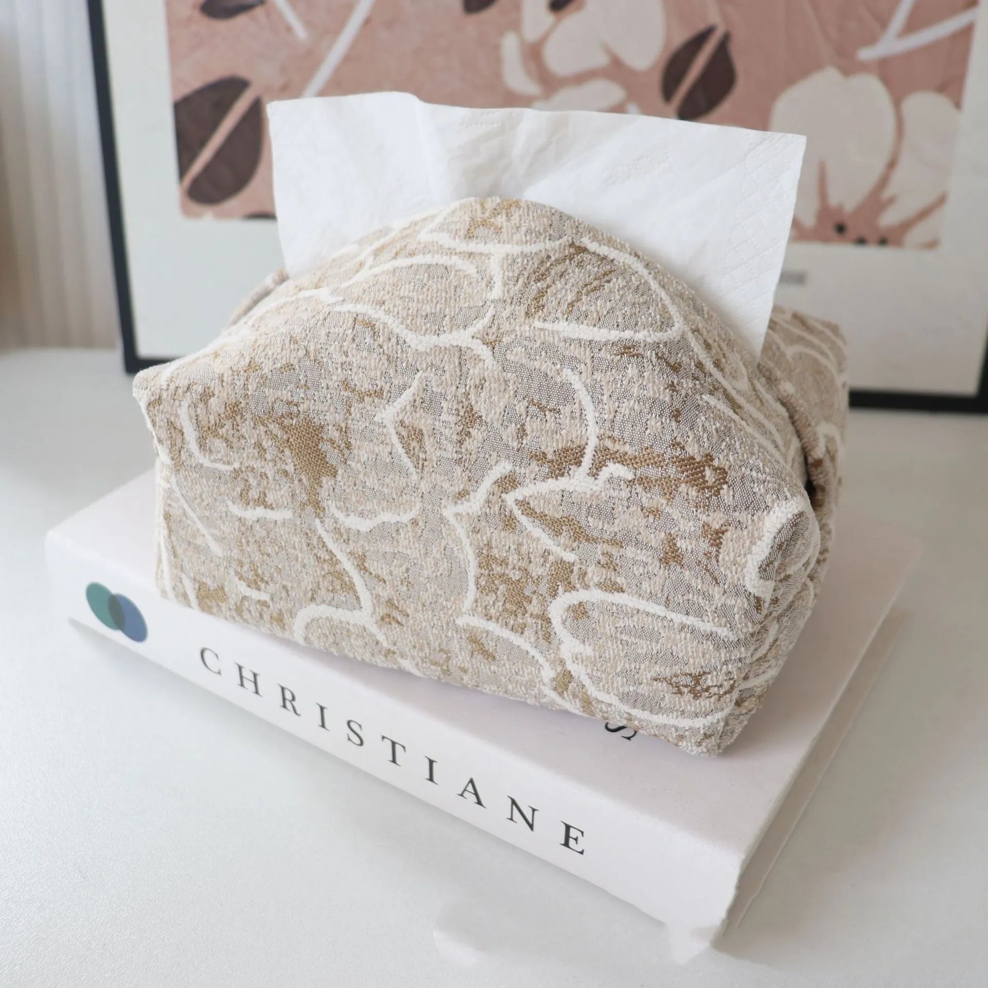 Chinese style cotton fabric tissue box cover with rose pattern in beige, blue, or brown.