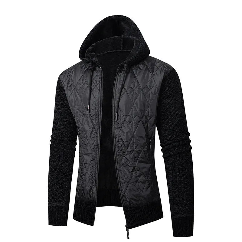 Men's grey hooded sweater coat cardigan with cinched waist and corduroy texture