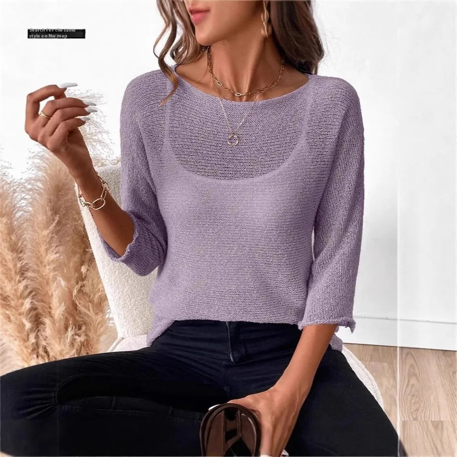 Women's knitted off-shoulder top in thin polyester fabric with 3/4 sleeves and 3D pattern