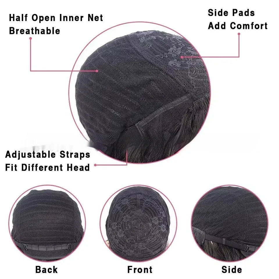 Natural colour human hair wig with full-mechanism headgear shown at medium length