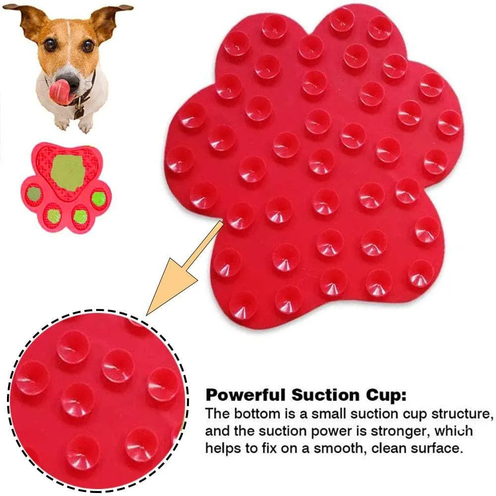 Blue bone-textured silicone dog licking mat with suction cups on a white tile background.