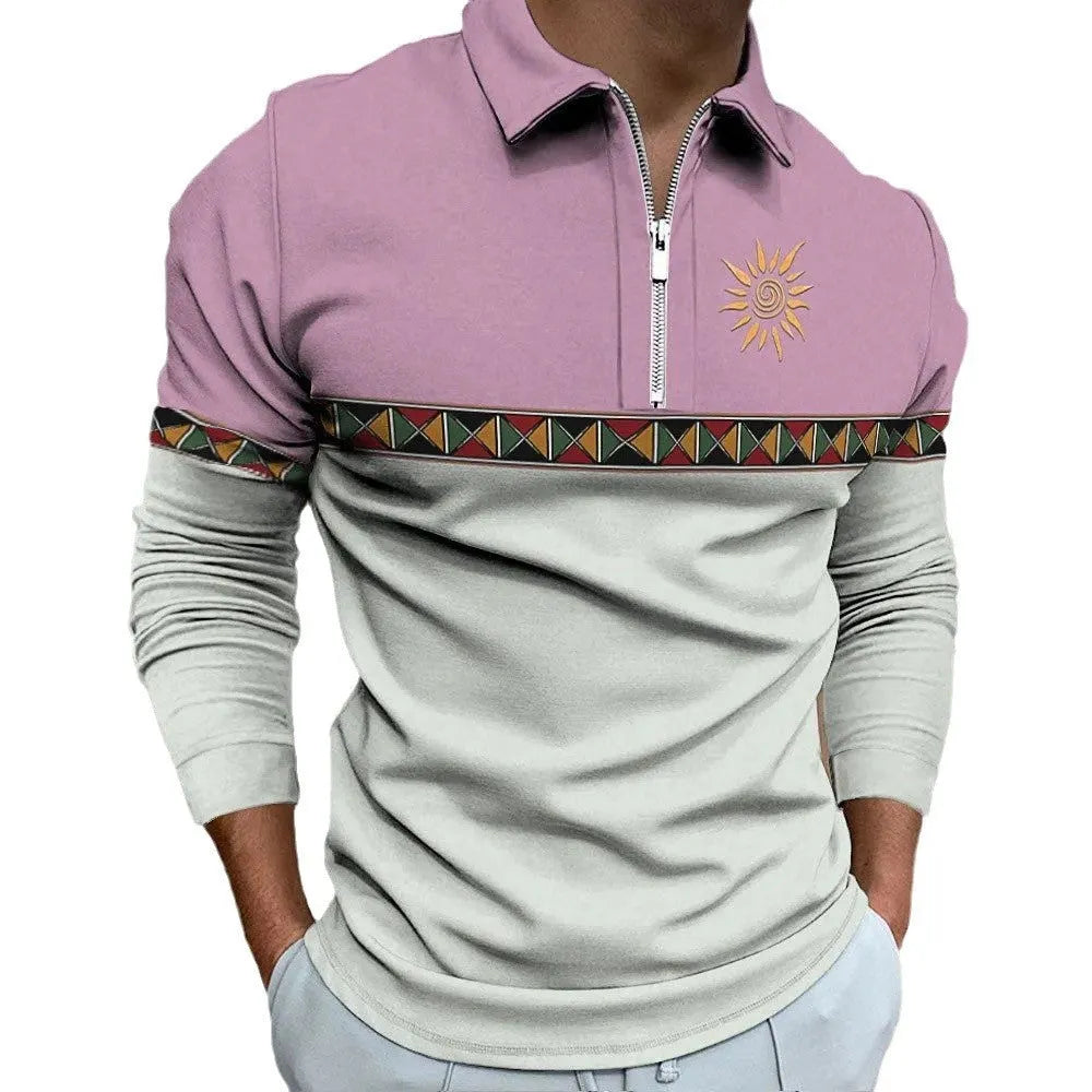 Men's retro colour print golf t-shirt with striped pattern and zipper details on long sleeve loose fit top