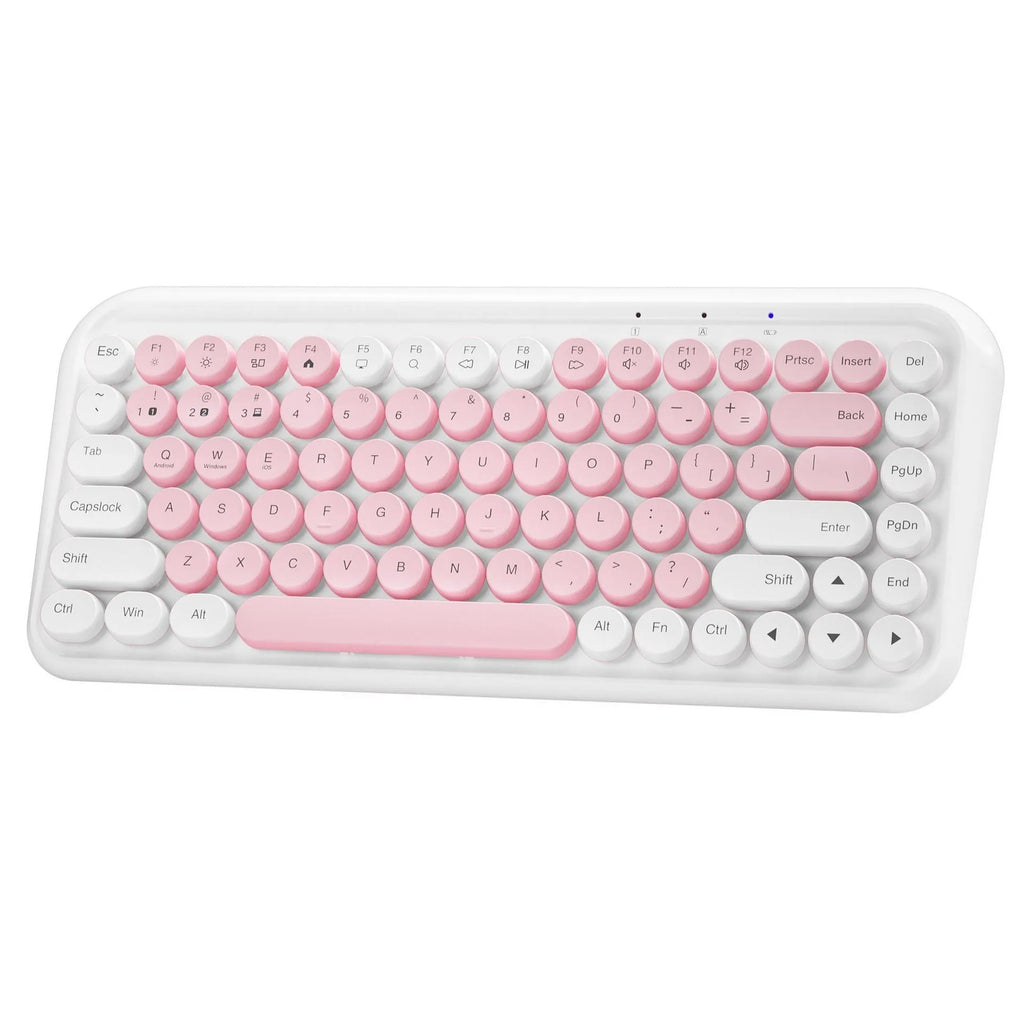 Pink wireless Bluetooth keyboard with 84 keys showing portable design and crater architecture technology