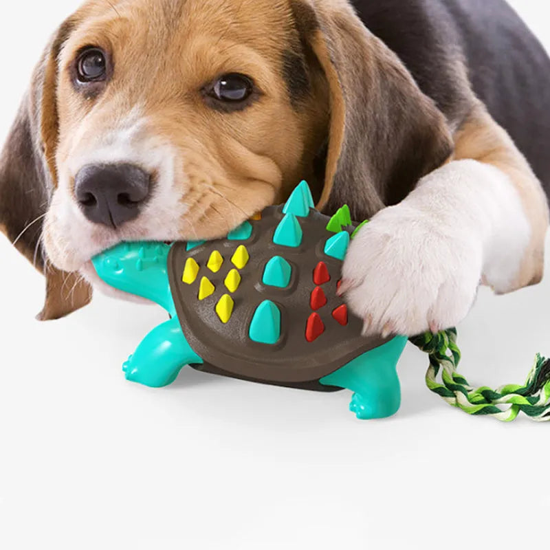 Natural rubber dog toothbrush chew toy with dinosaur knot design in chocolate blue colour