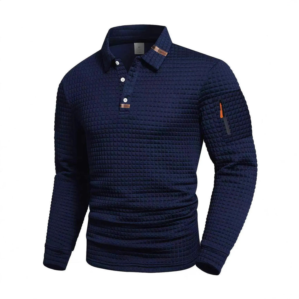 Mens patchwork checkerboard casual sports polo shirt long sleeve polyester blend