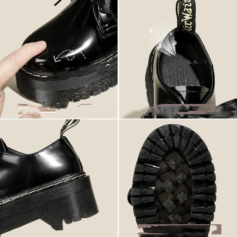 Women's black leather shoes with thick soles, cross straps, and ribbon lacing shown from side view