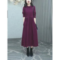 Purplish red plus size women's dress with extra long sleeves and long skirt for autumn winter wear