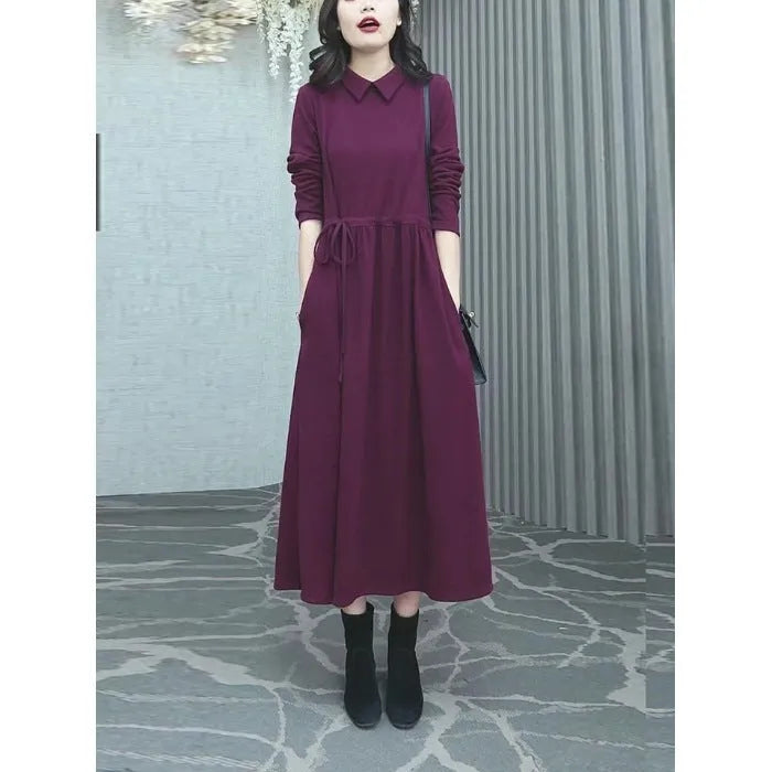 Purplish red plus size women's dress with extra long sleeves and long skirt for autumn winter wear