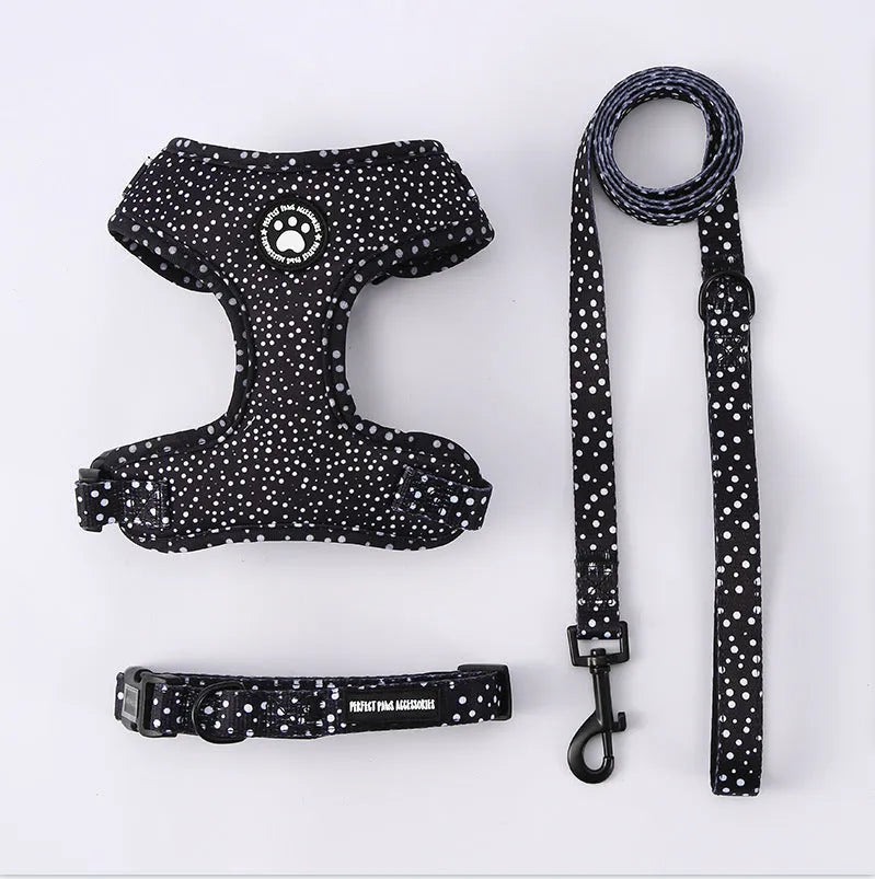 Pattern dog breast strap set with adjustable leash and collar in light purple, made from polyester