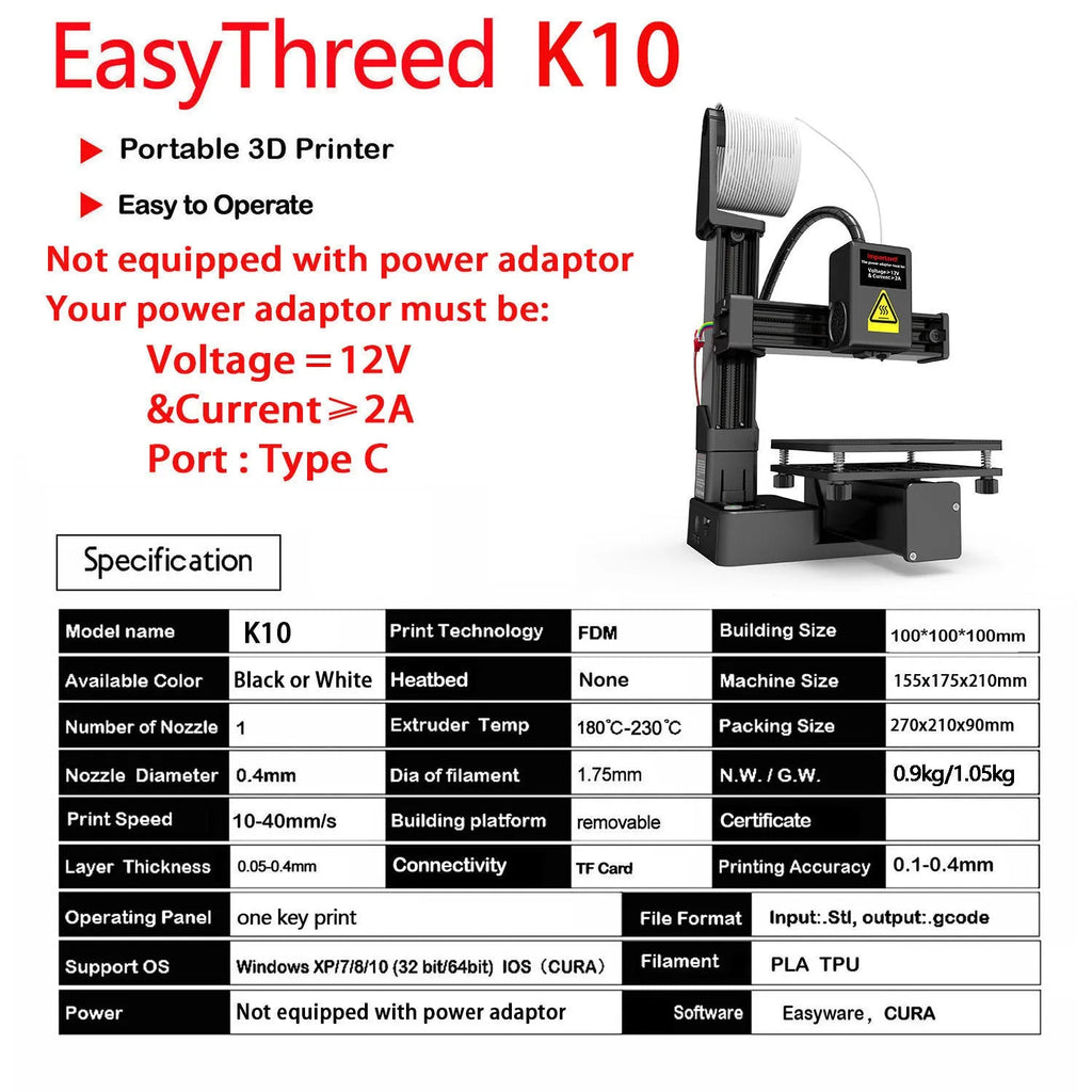 White EasyThreed K10 desktop 3D printer with 175mm build volume for TPU and PLA filaments