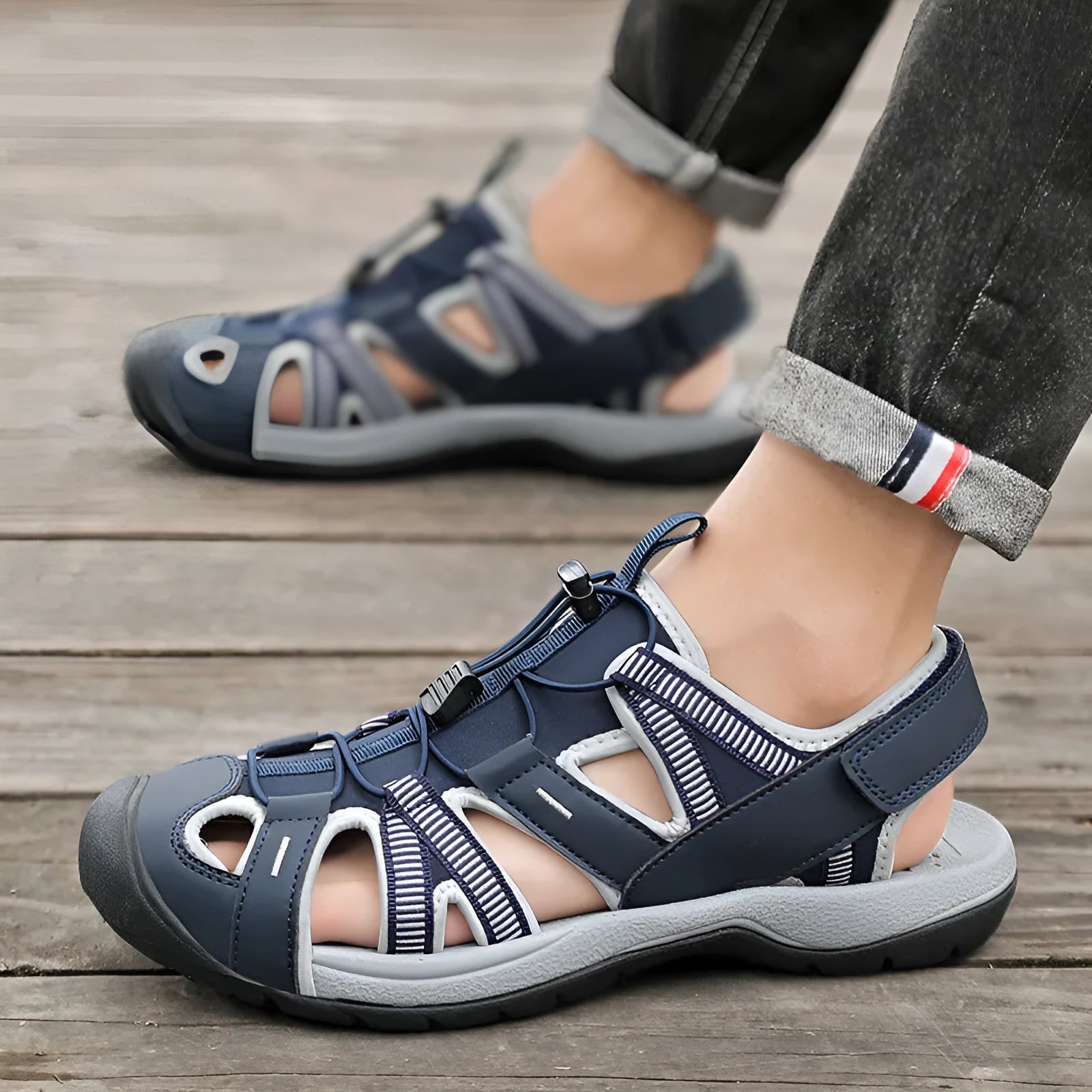 Men's blue and black mesh casual sports shoes with velcro strap and rubber sole