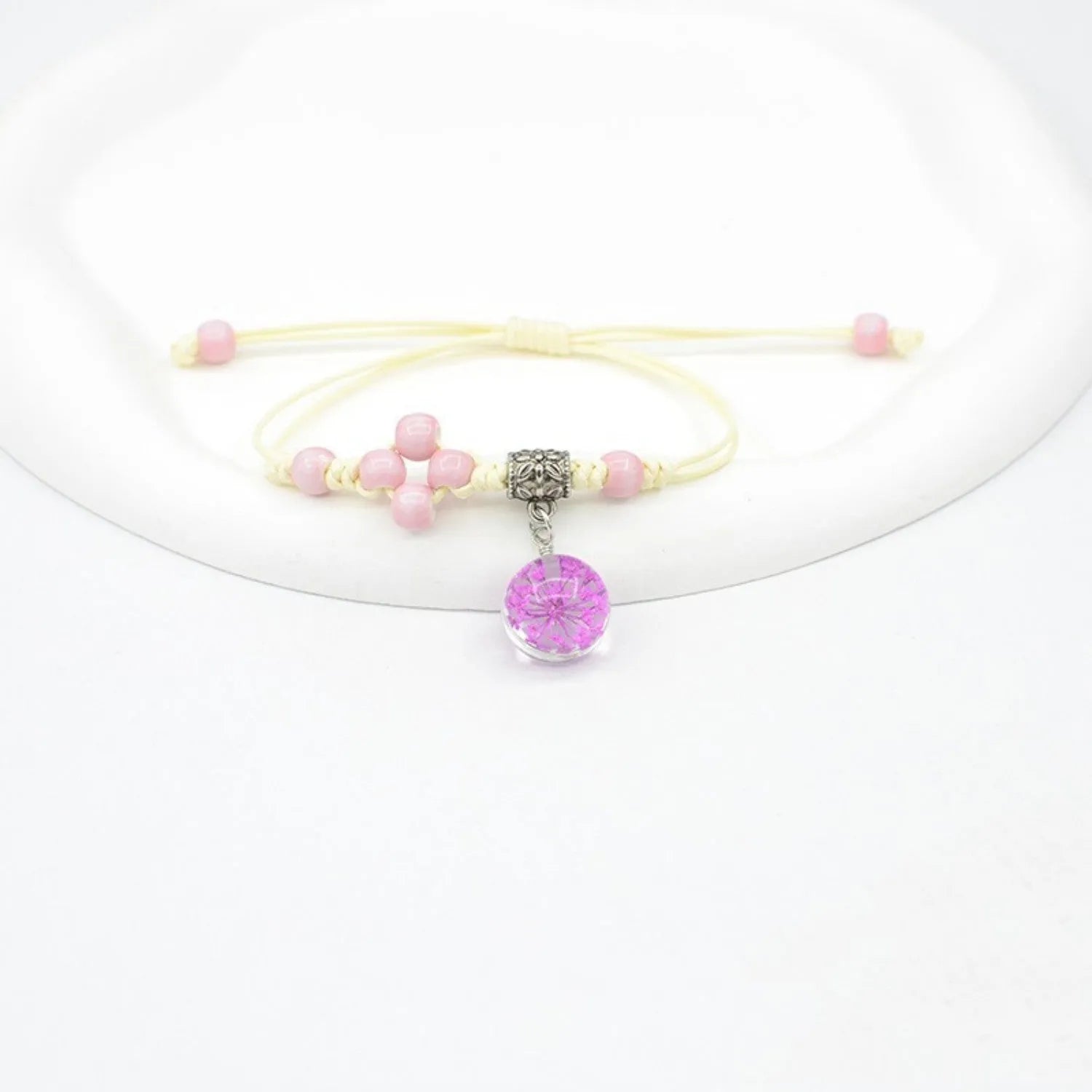 Hand-woven glass bracelet with real dried flowers inside large 1.4cm colored beads for women