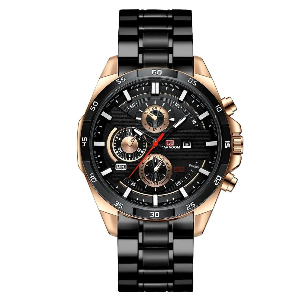 Men's casual quartz watch with business calendar display and waterproof case
