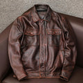 Men's brown PU leather lapel jacket with side seam pockets shown in loose fit