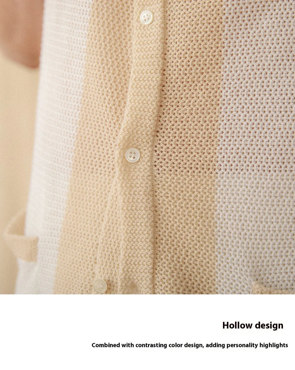 Beige short-sleeved knitted cardigan with lapel collar made from cotton linen blend fabric
