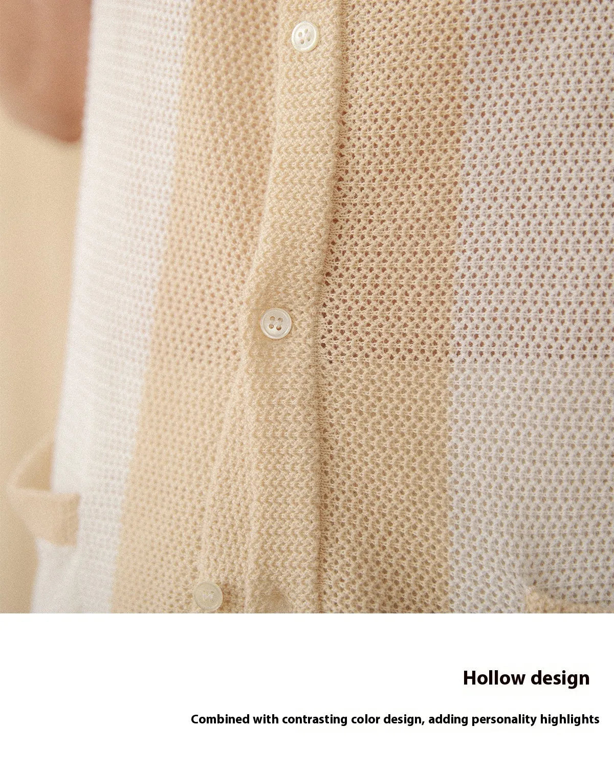 Beige short-sleeved knitted cardigan with lapel collar made from cotton linen blend fabric
