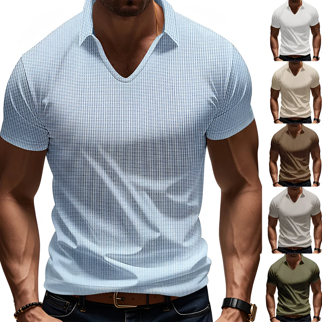 Men's V-neck short sleeve cotton blend top in loose fit with solid colour options