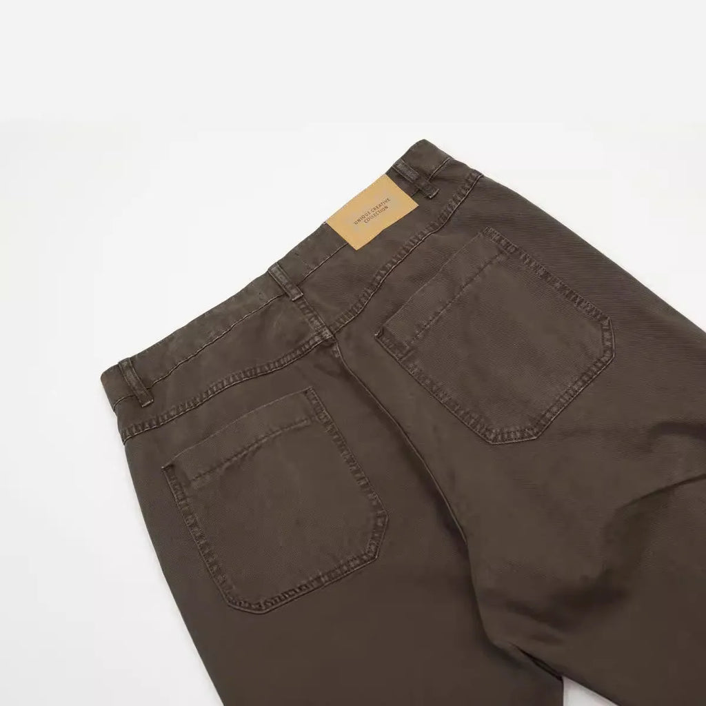 Men's straight-leg cotton trousers in brown colour with high-waist design and wide-leg style