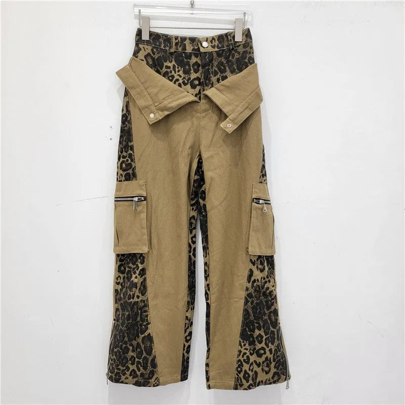 Women's high-waisted dark khaki jeans with leopard print and fake contrast stitching in a straight-leg style.