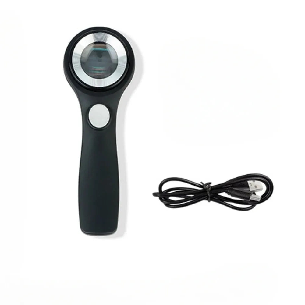 Black USB-C rechargeable magnifying glass for jewellery and tobacco appraisal.