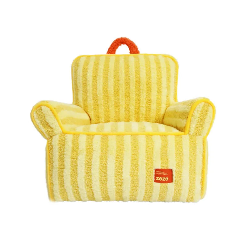 Striped plush pet bed for cats and dogs with a removable washable cover in yellow, orange, or purple.