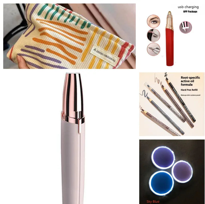 Gold plated eyebrow trimmer pen with LED light and micro precision head for painless brow shaping