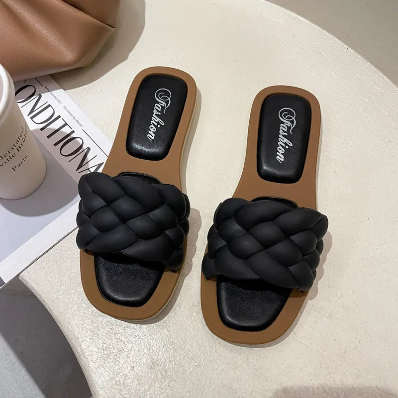 Women's plaid pattern beach sandals with thick anti-skid PVC soles in black, green, orange and white colours