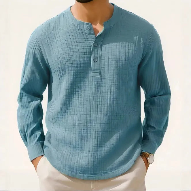 Long sleeve cotton linen pullover shirt in slim fit with 3/4 sleeves in a solid colour.