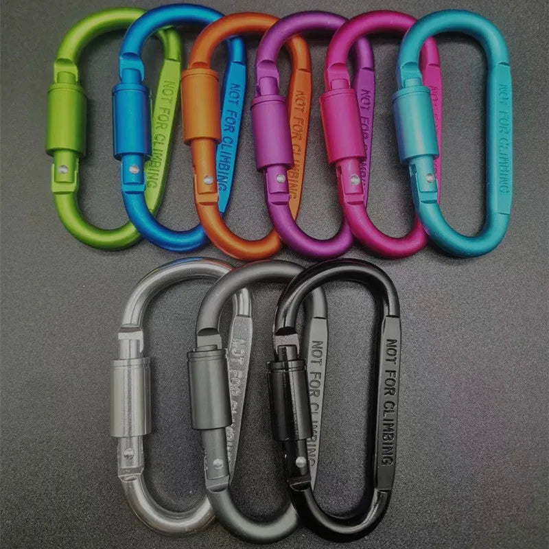 A D-type aluminium locking carabiner with an 8cm flat profile on a neutral background.