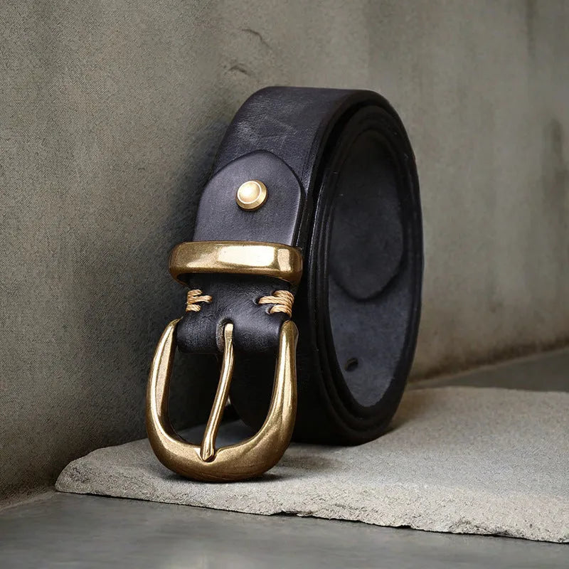 Men's casual cowhide leather belt with a copper buckle in black, brown or khaki.