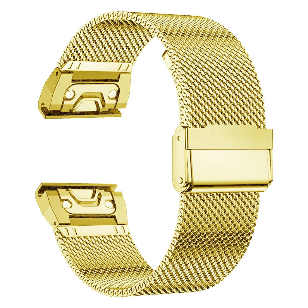Stainless steel replacement watch strap for Garmin Fenix smartwatch in silver, black, gold, and rose gold colour options.