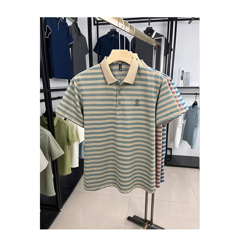 Men's striped casual short sleeve shirt with mosaic pattern detail in polyester fabric