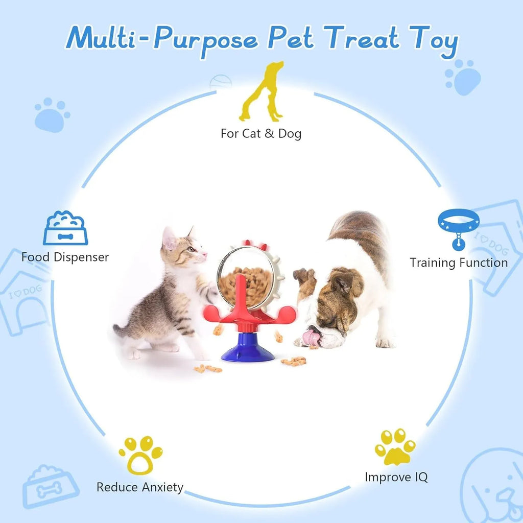 Interactive pet spinner toy with rotating feeder in blue, green, red, or yellow with suction cup base