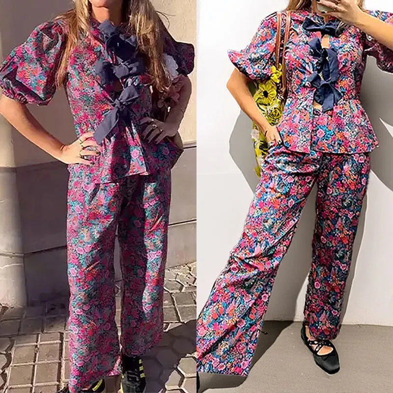 Floral print tie-neck leisure suit with puff sleeves and matching trousers for commuting wear
