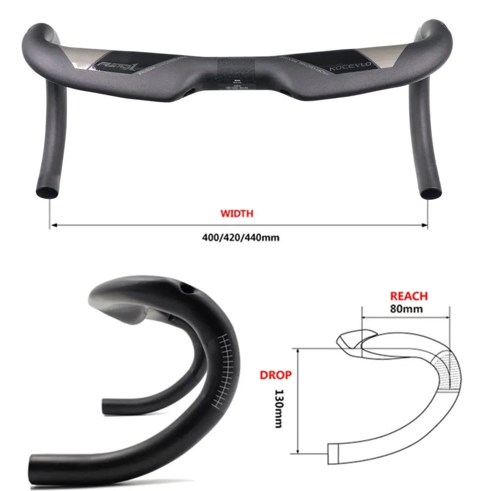 Wei Bike matt carbon fibre bent drop handlebar for road bikes showing ergonomic shape.