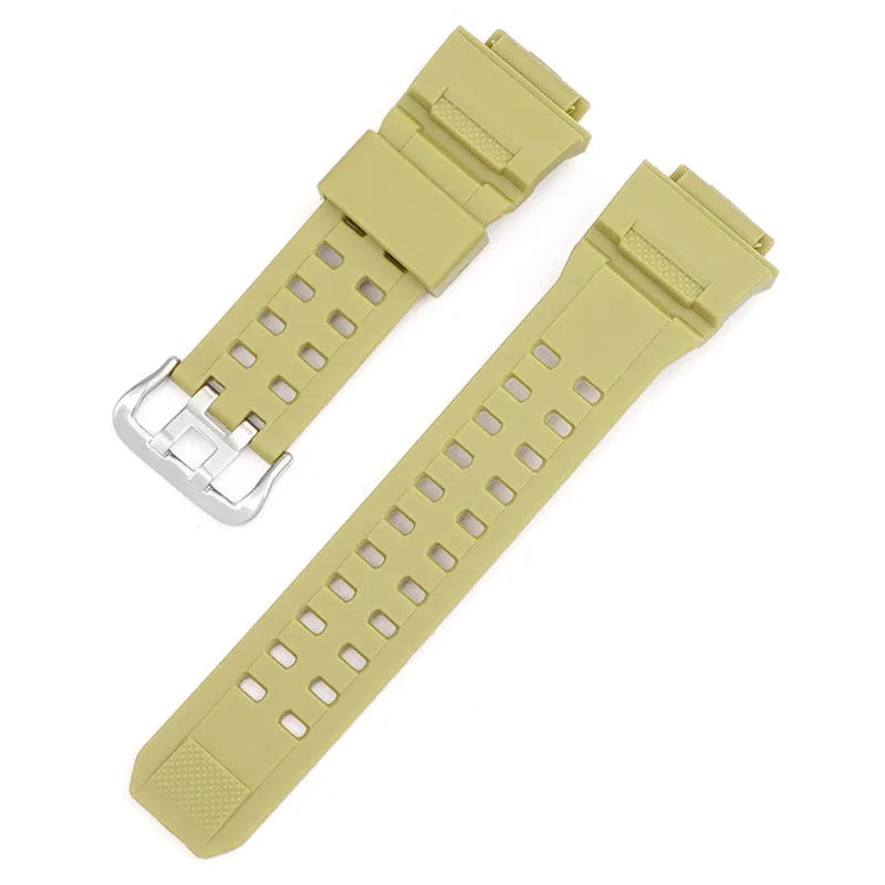 Camouflage patterned TPU resin watch strap with silver buckle on a grey background