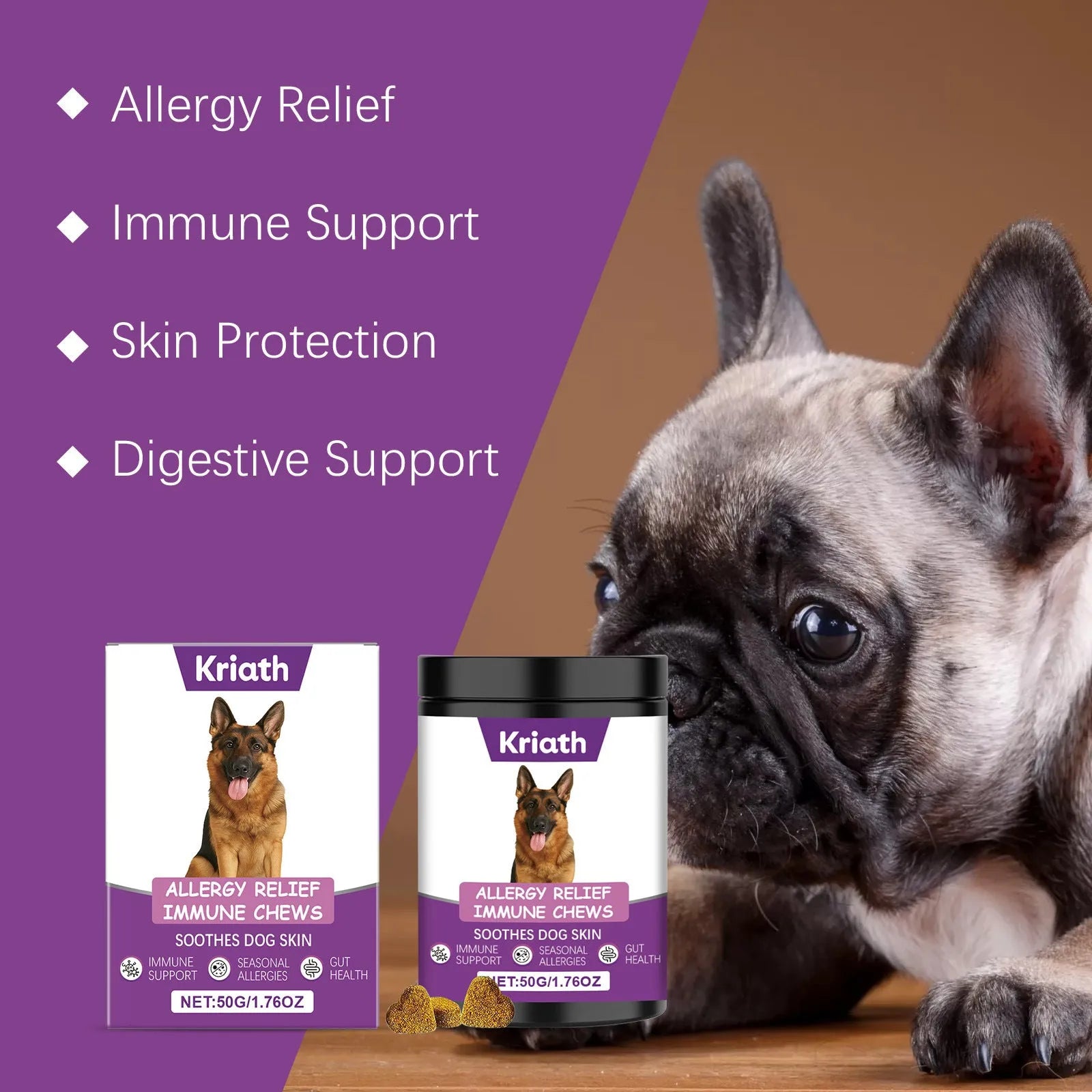 Allergy Relief Immune Chews 50g pet supplement pack with dog table