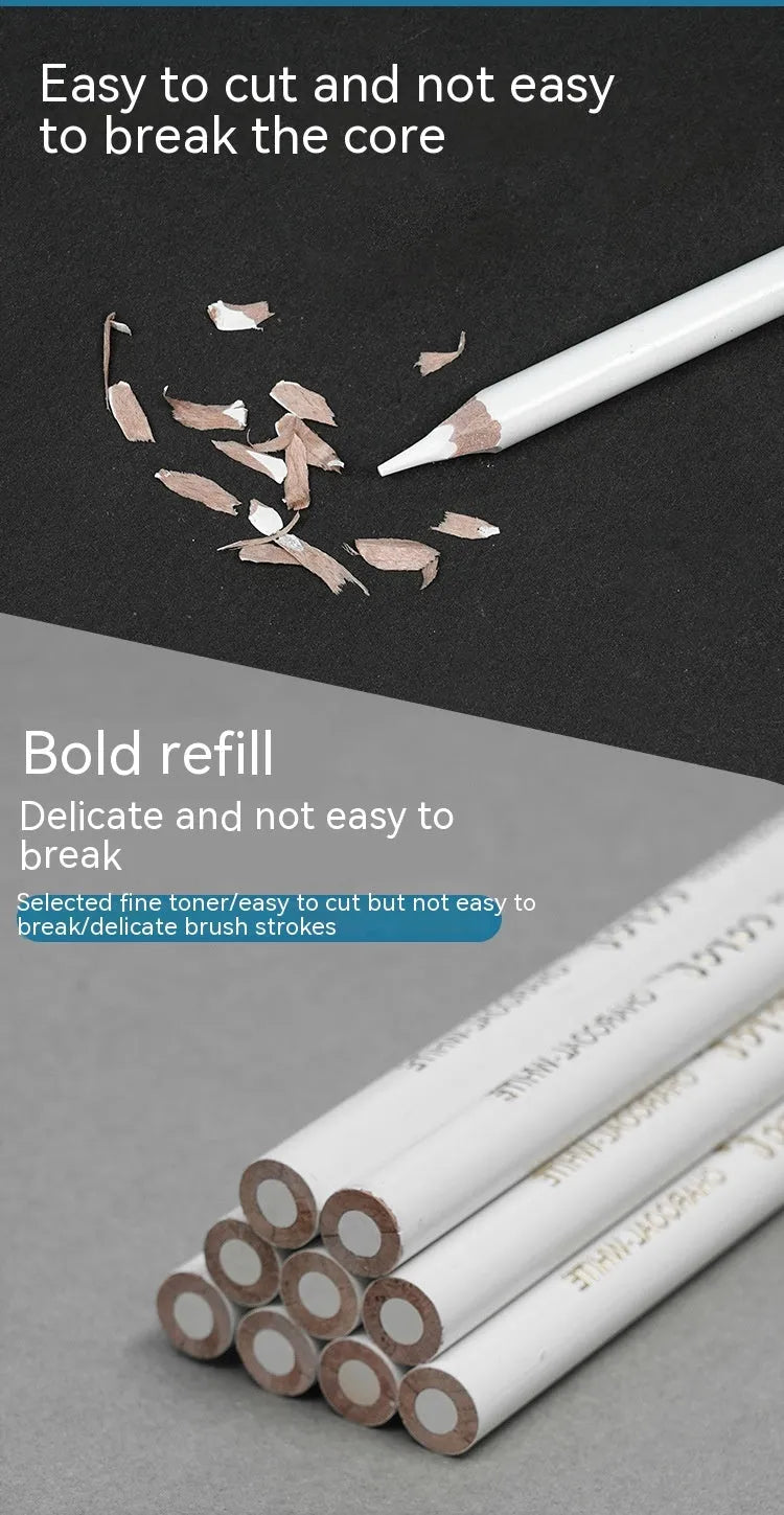 Three white charcoal sketching pencils with wooden barrels for highlighting on dark paper