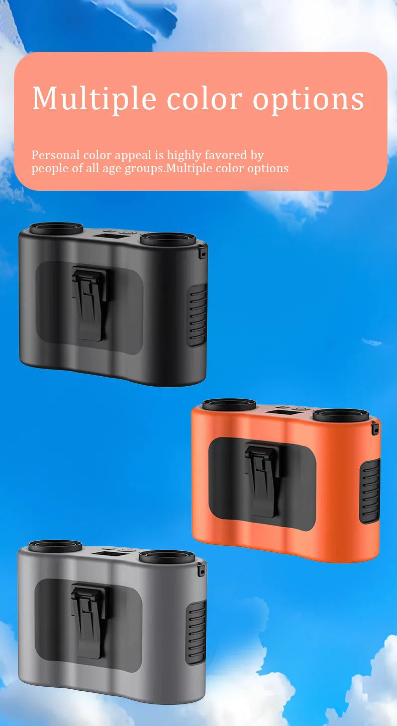 Grey waist-hung portable personal cooling fan shown with a neck lanyard.
