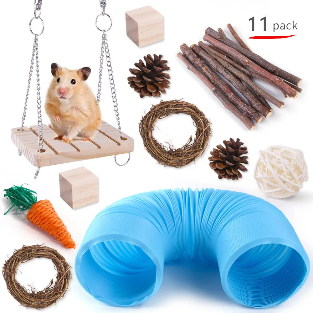 Wooden pet chewing toys bundle for rabbits guinea pigs and parrots with natural wood materials