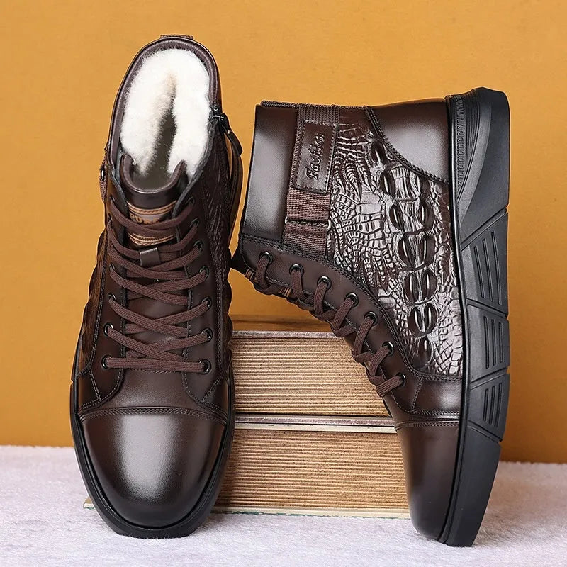 Genuine leather round toe snow boots with fur lining and lace-up front in black velvet style