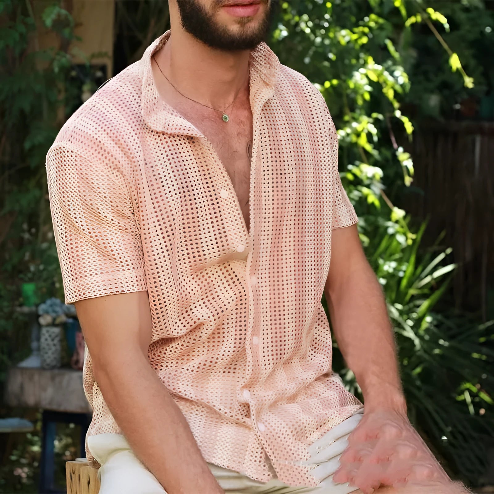 Pink men's waffle knit cardigan shirt with short sleeves and loose fit