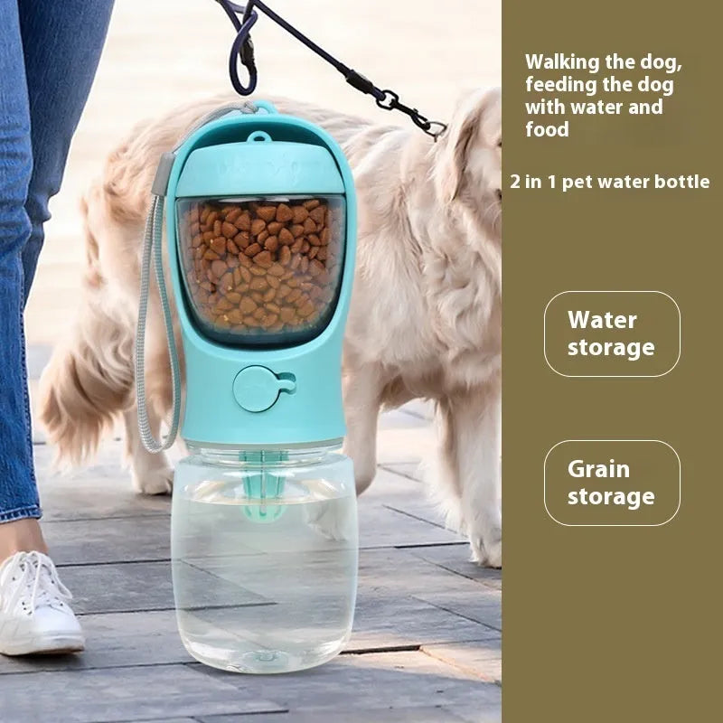 Portable dual-use dog water cup in blue, available in 350ml and 550ml sizes for walks.