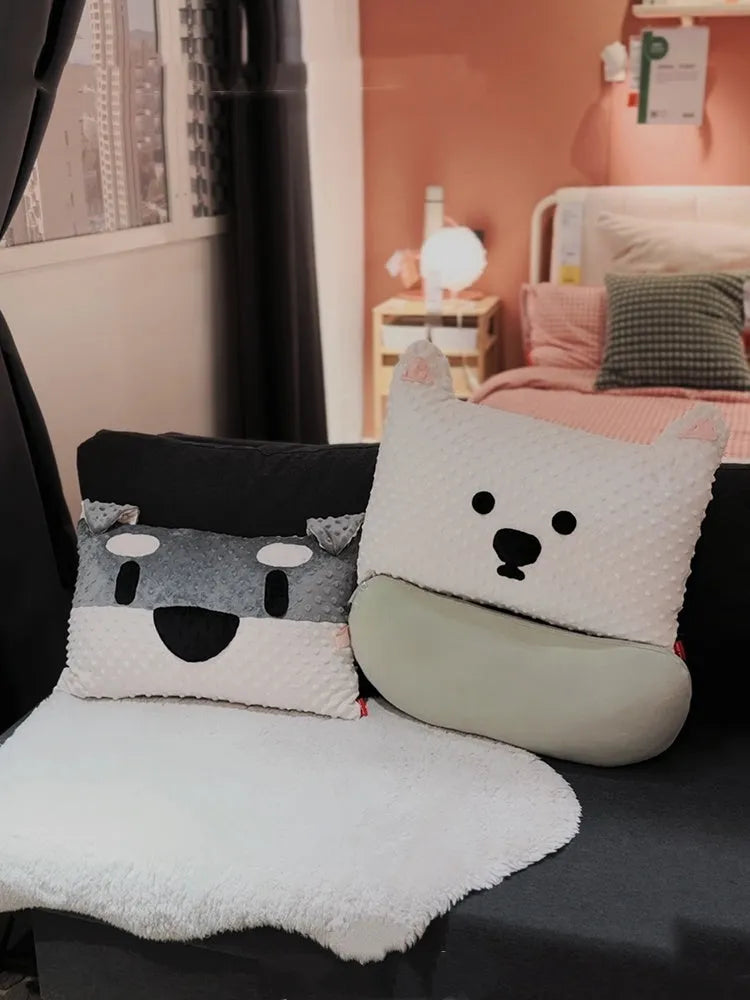 Grey schnauzer and white West Highland puppy printed dog cushion pillow measuring 50cm.